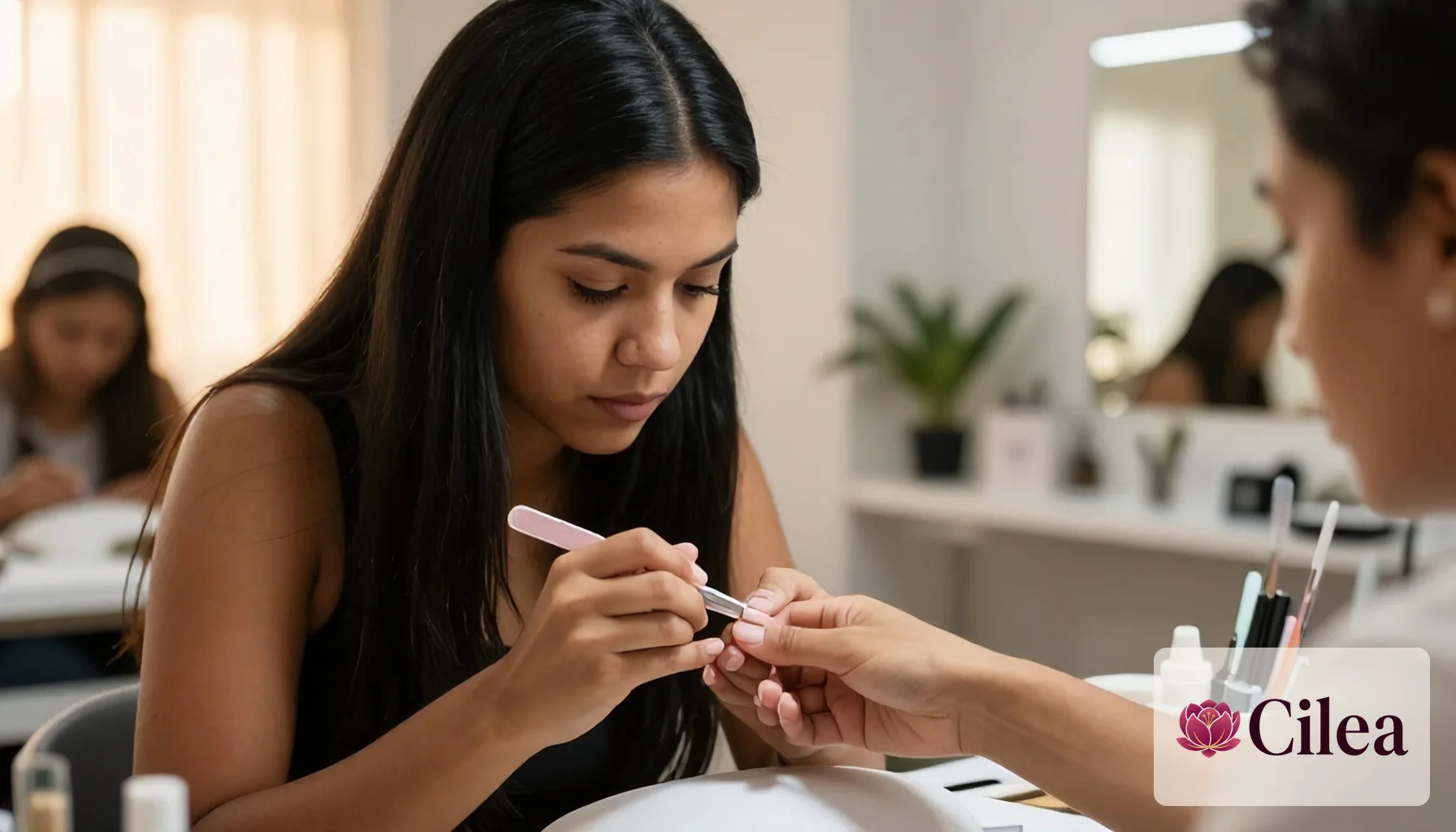 Mulher fazendo manicure em salão de beleza; cenário sugere ambiente de curso para nail designers