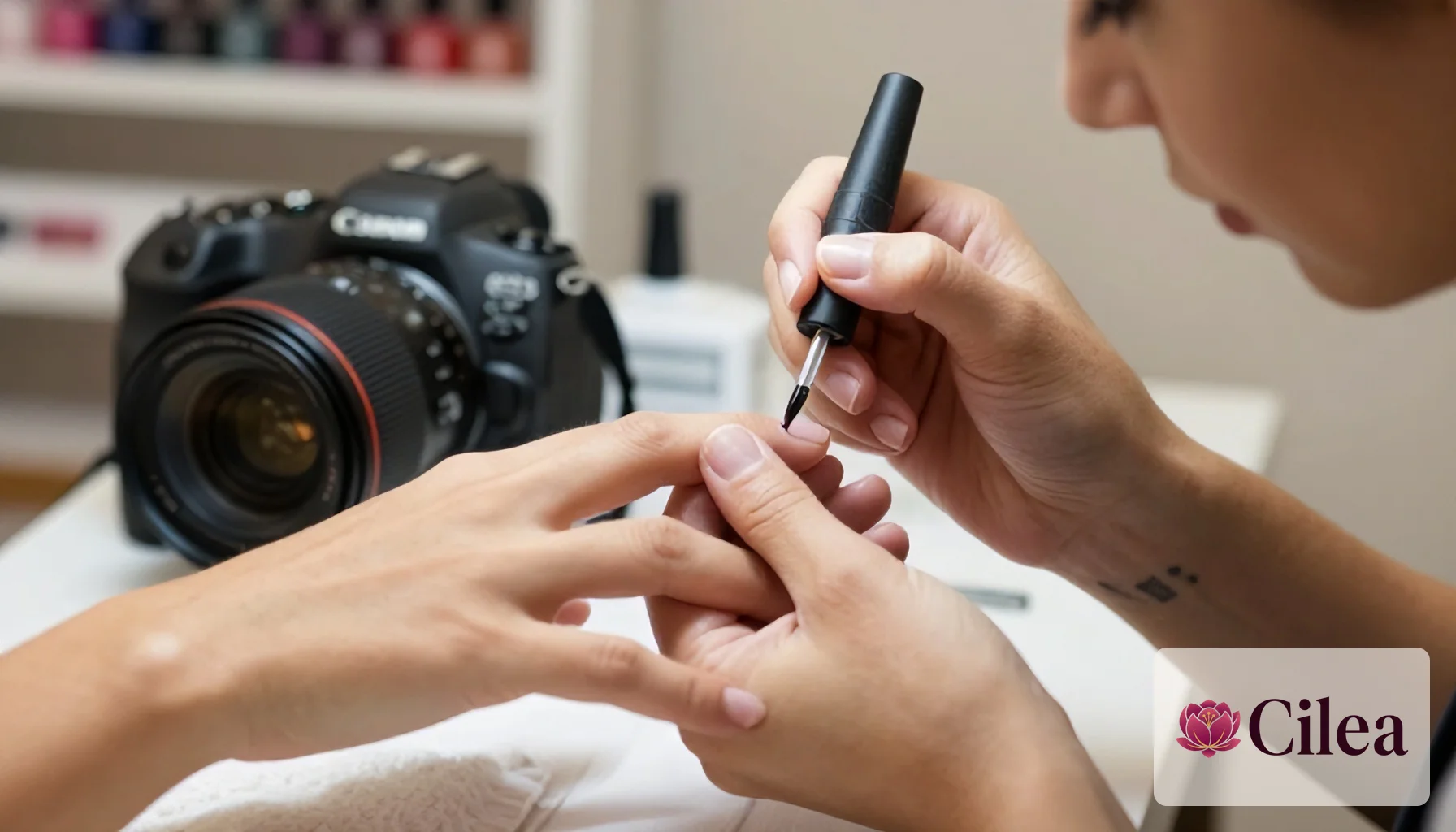 Manicure aplicando esmalte em gel em cliente