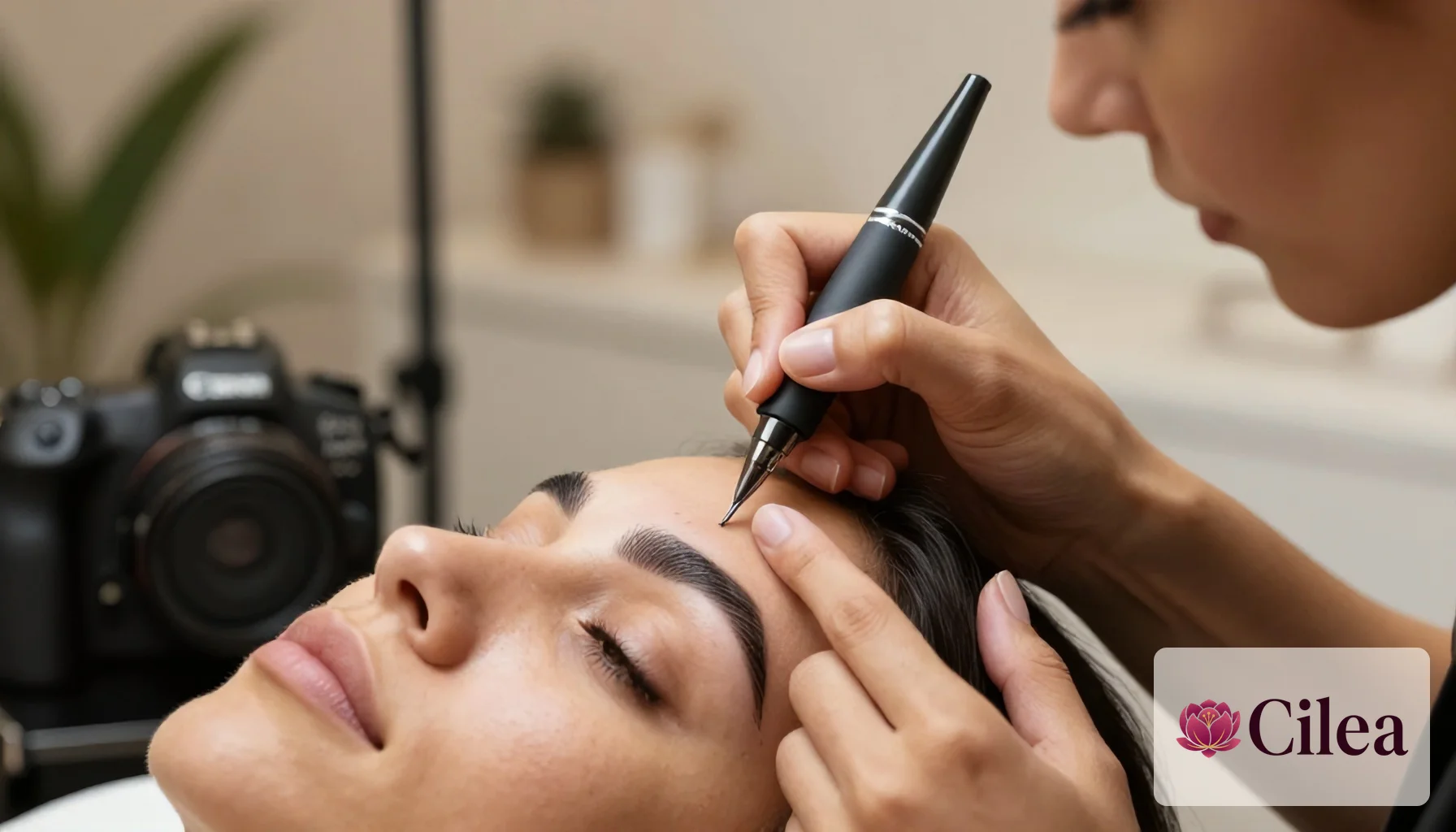 Profissional realizando micropigmentação de sobrancelha com caneta de microblading