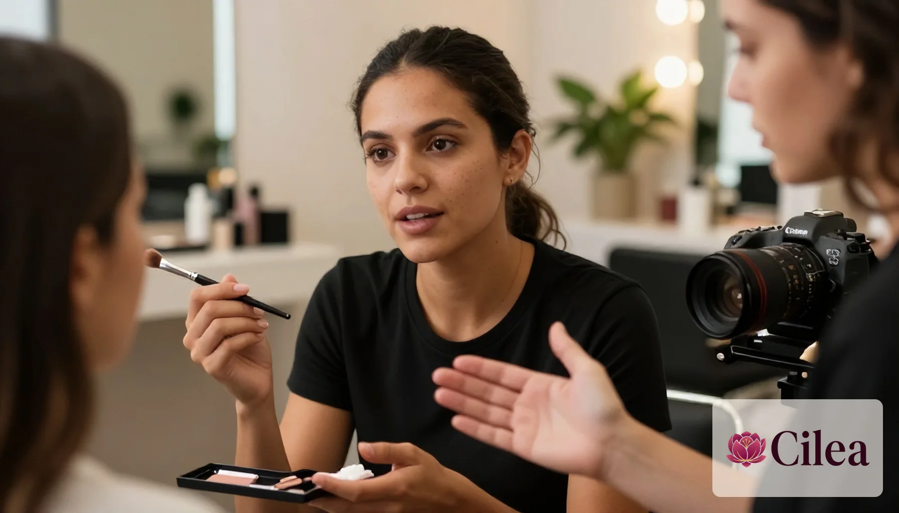 Maquiadora em consulta com cliente sobre serviços de maquiagem
