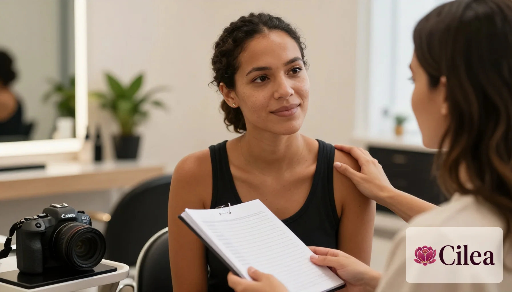 Profissional em consulta amigável com cliente recorrente no salão
