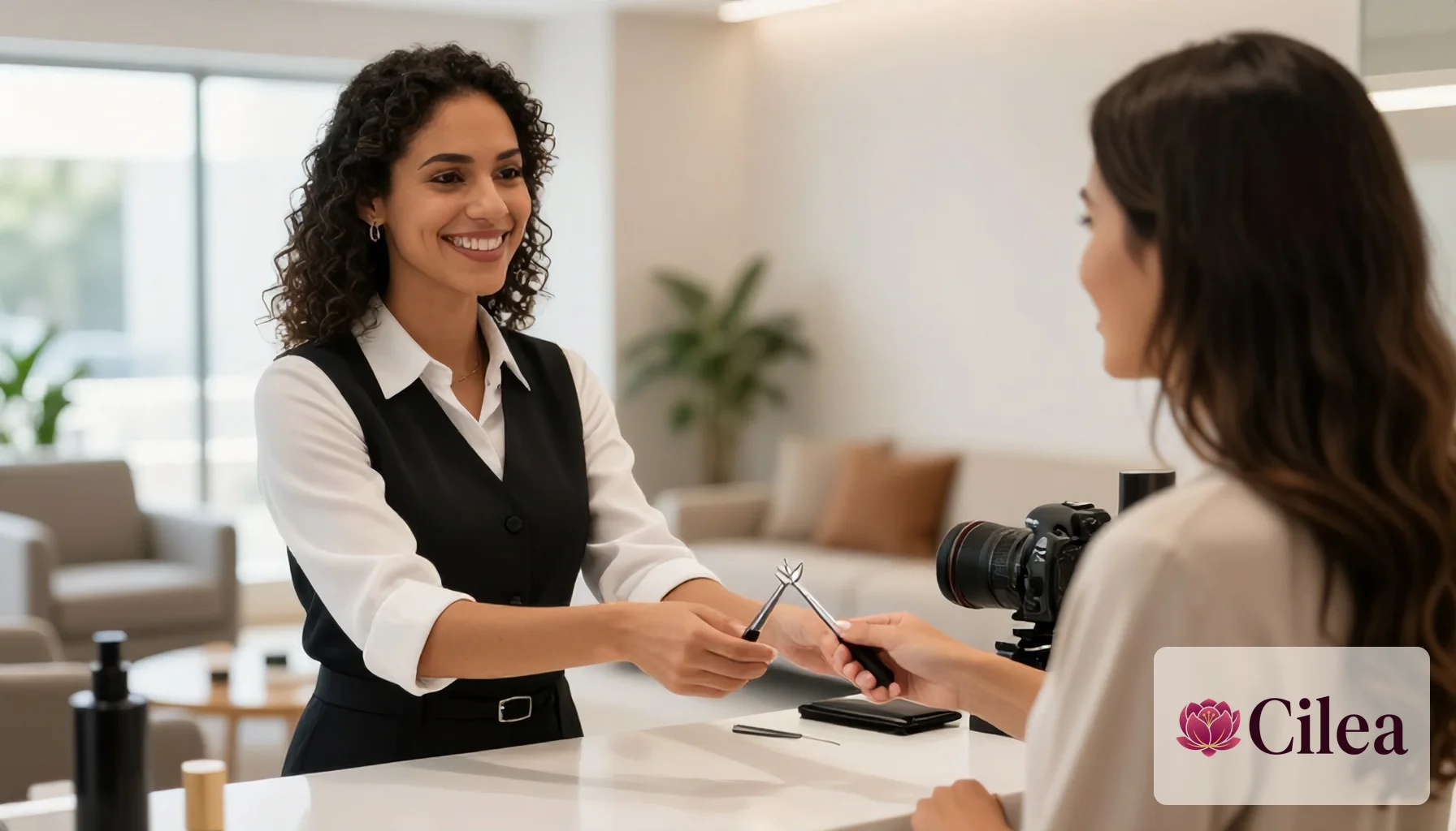 Recepcionista recebendo cliente com atenção na entrada de um salão de beleza organizado