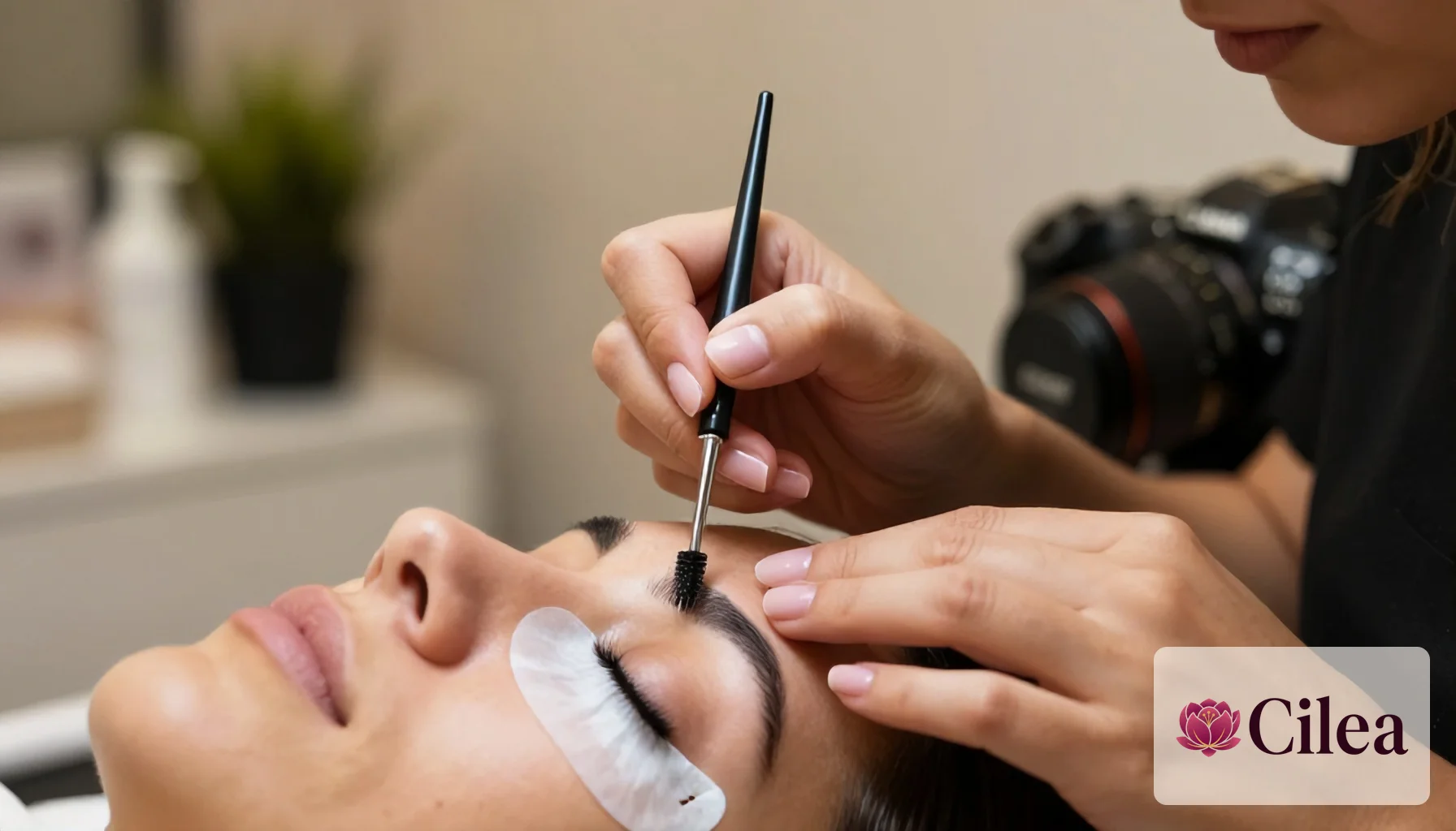 Profissional aplicando solução com microbrush nos cílios posicionados sobre molde de silicone durante lash lifting