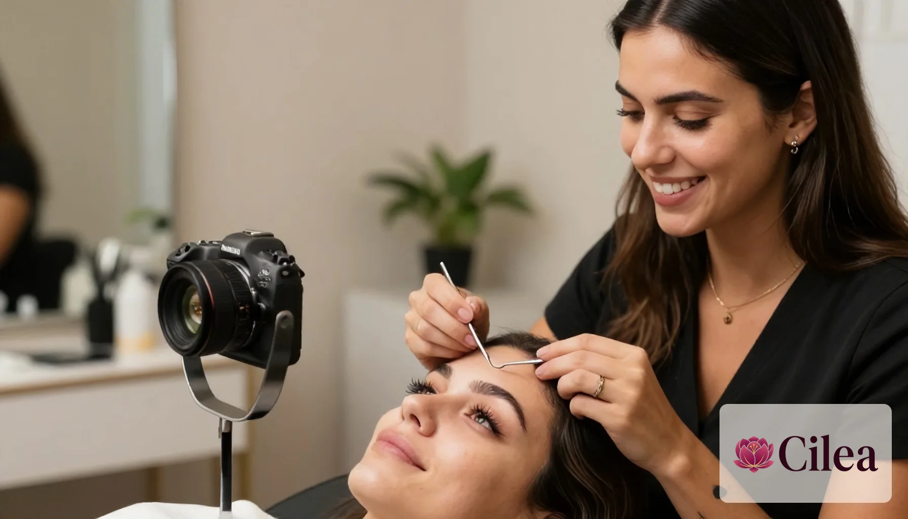 Cliente satisfeita observando o resultado do lash lifting em espelho após o procedimento finalizado