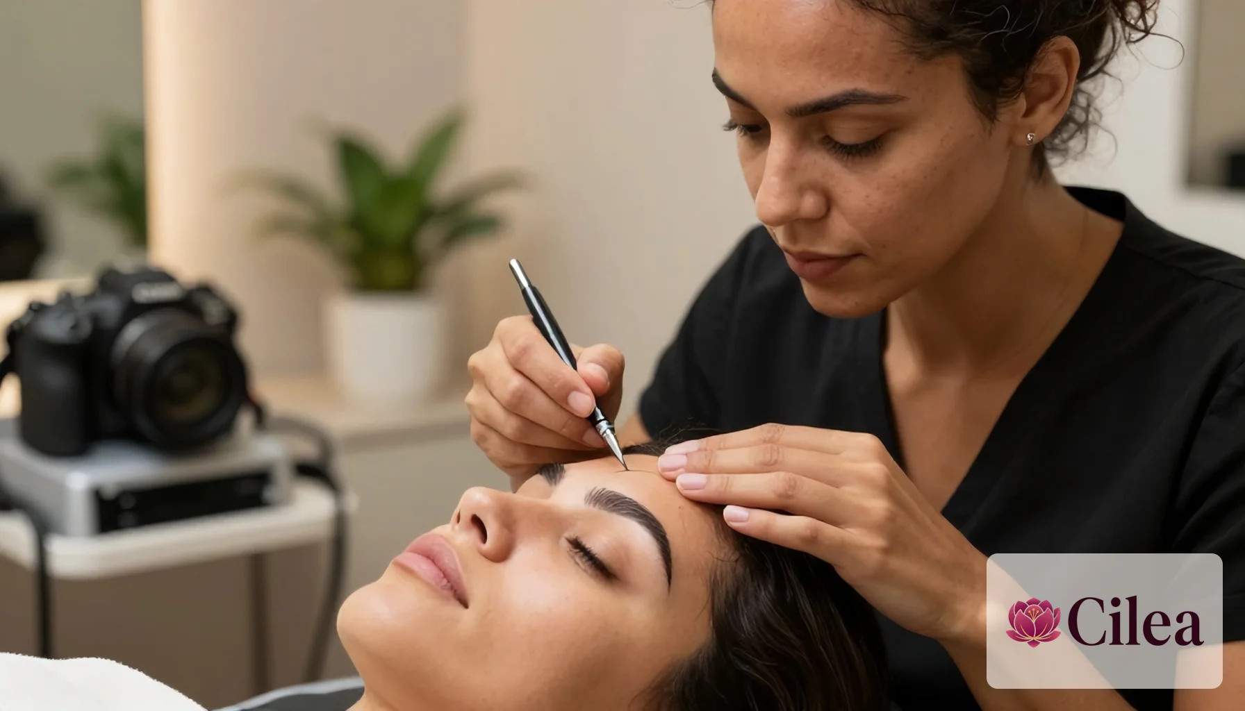 Profissional realizando design de sobrancelha com técnica de linha em studio especializado
