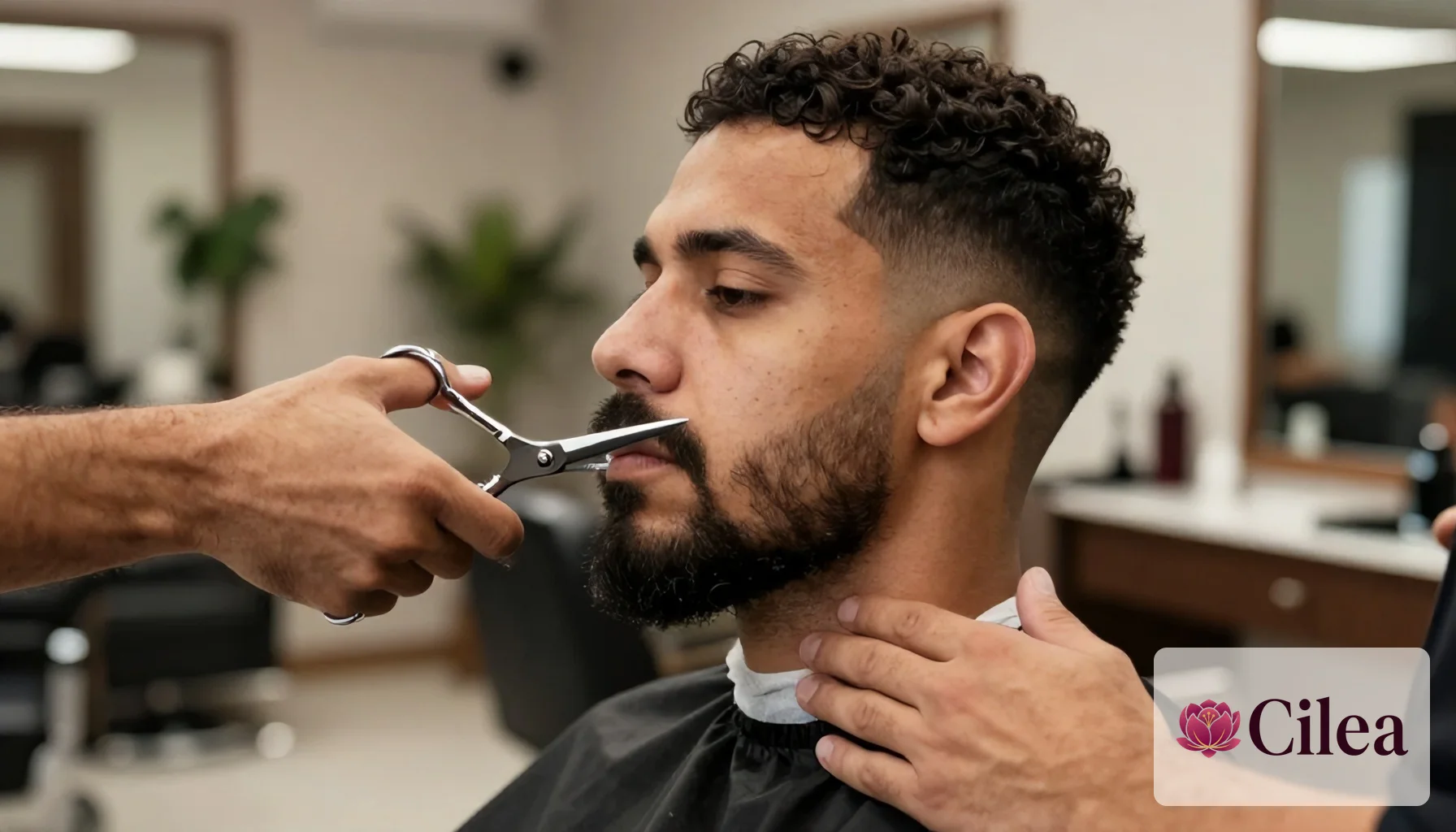 Barbeiro aparando a barba de um cliente com tesoura profissional em barbearia moderna