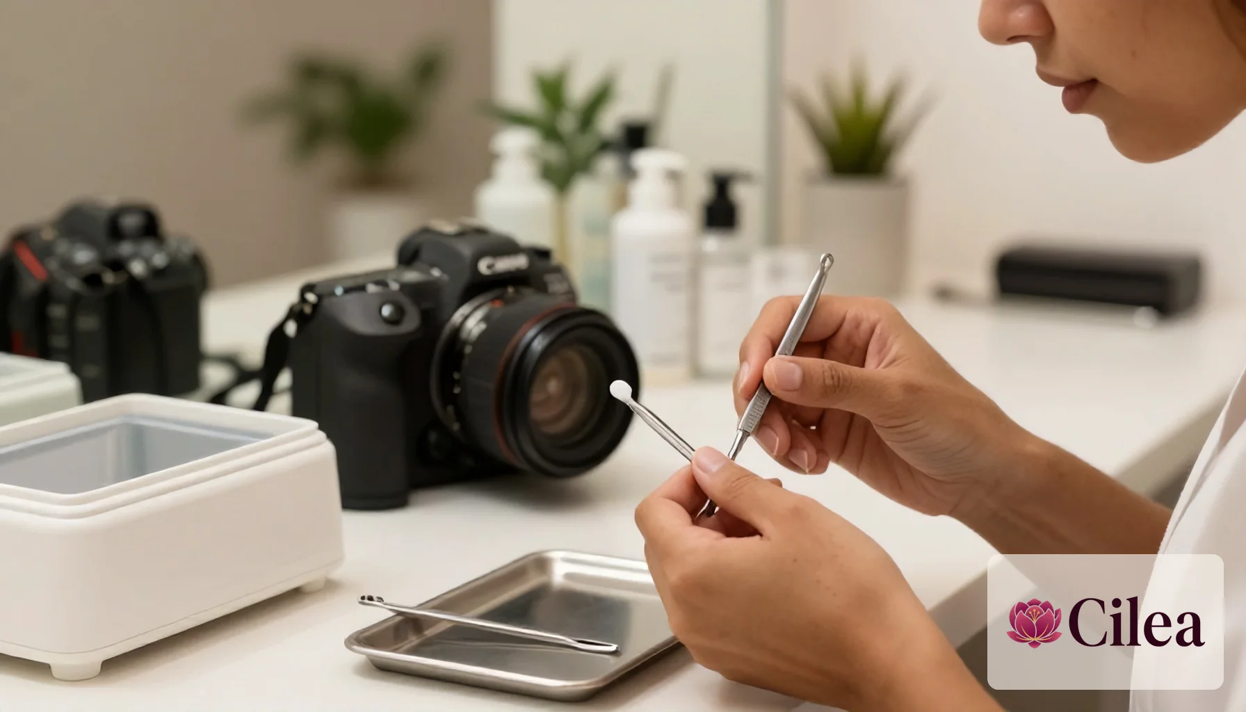 Profissional higienizando materiais de manicure em estação de esterilização do salão