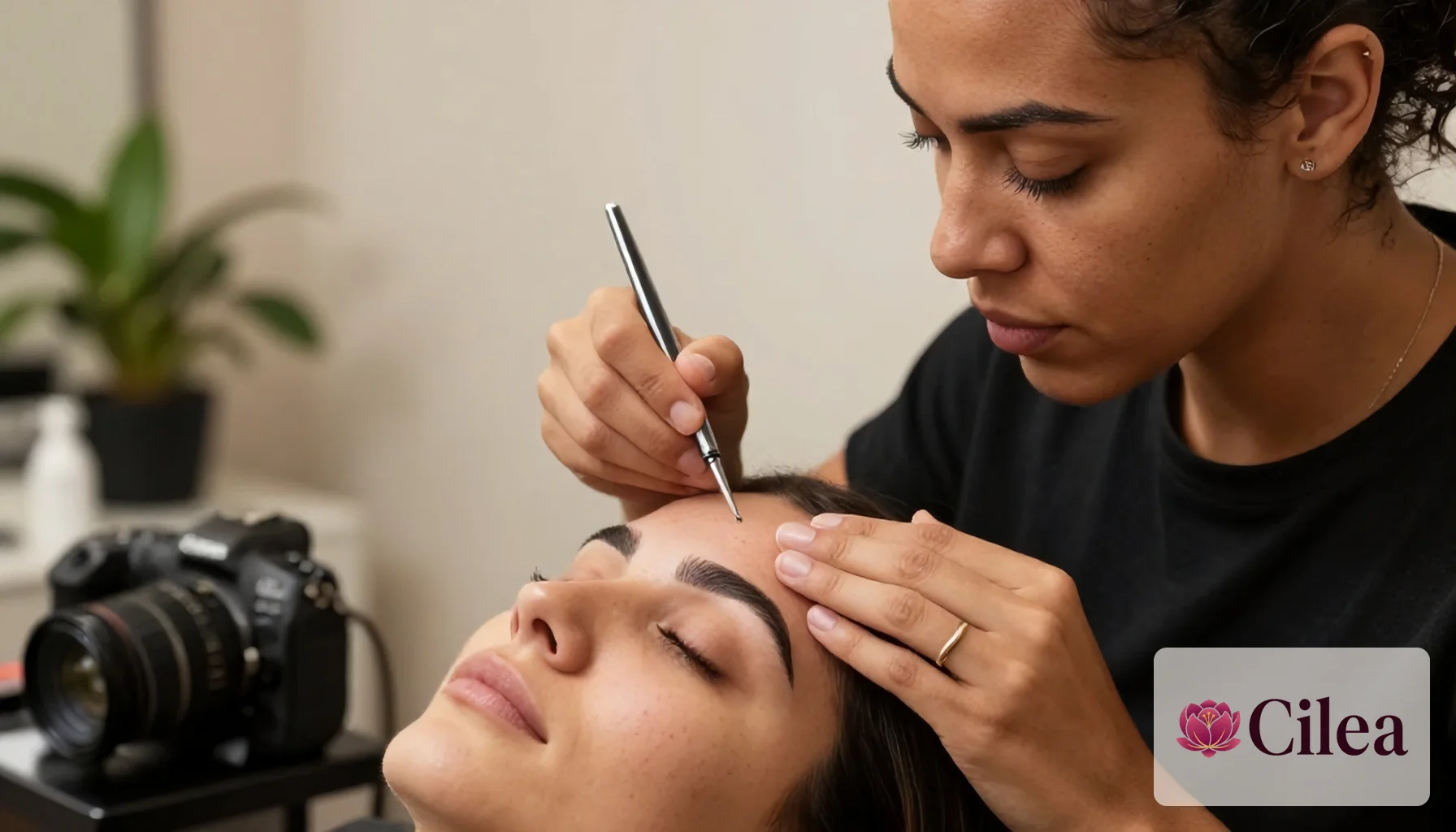 Profissional realizando design de sobrancelha com linha em cliente sentada na cadeira do salão