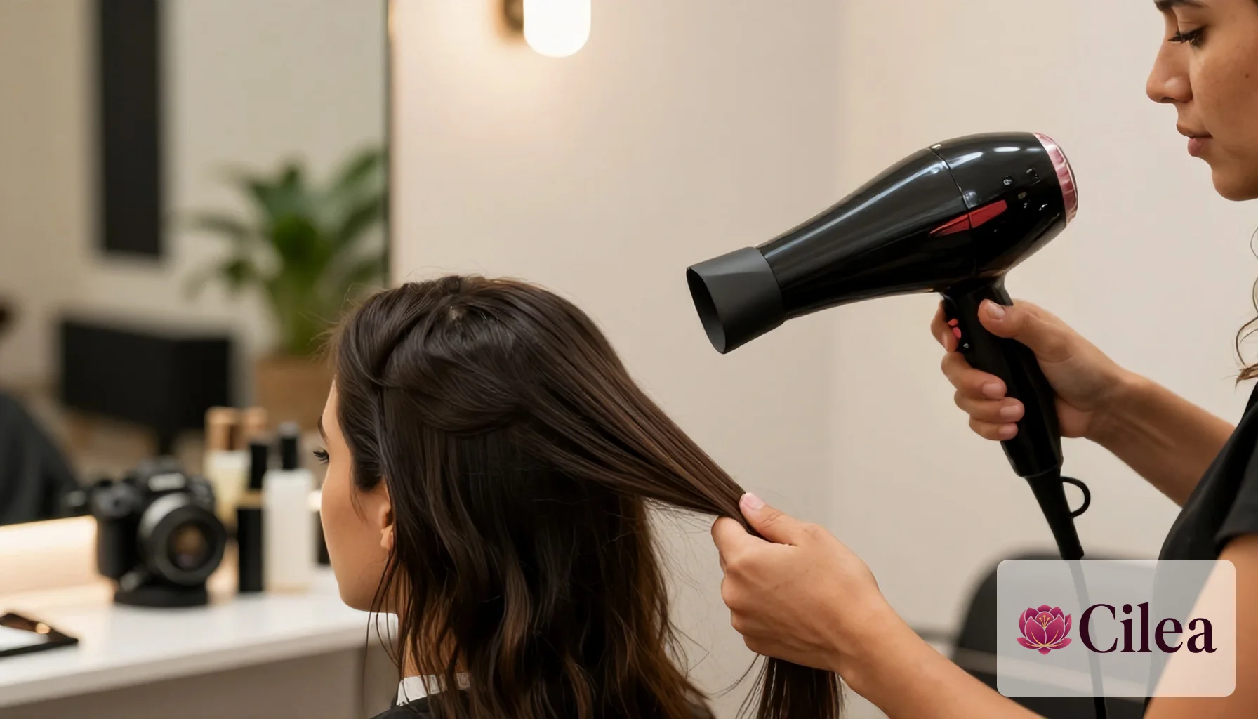 Profissional secando o cabelo de uma cliente com secador profissional em salão de beleza