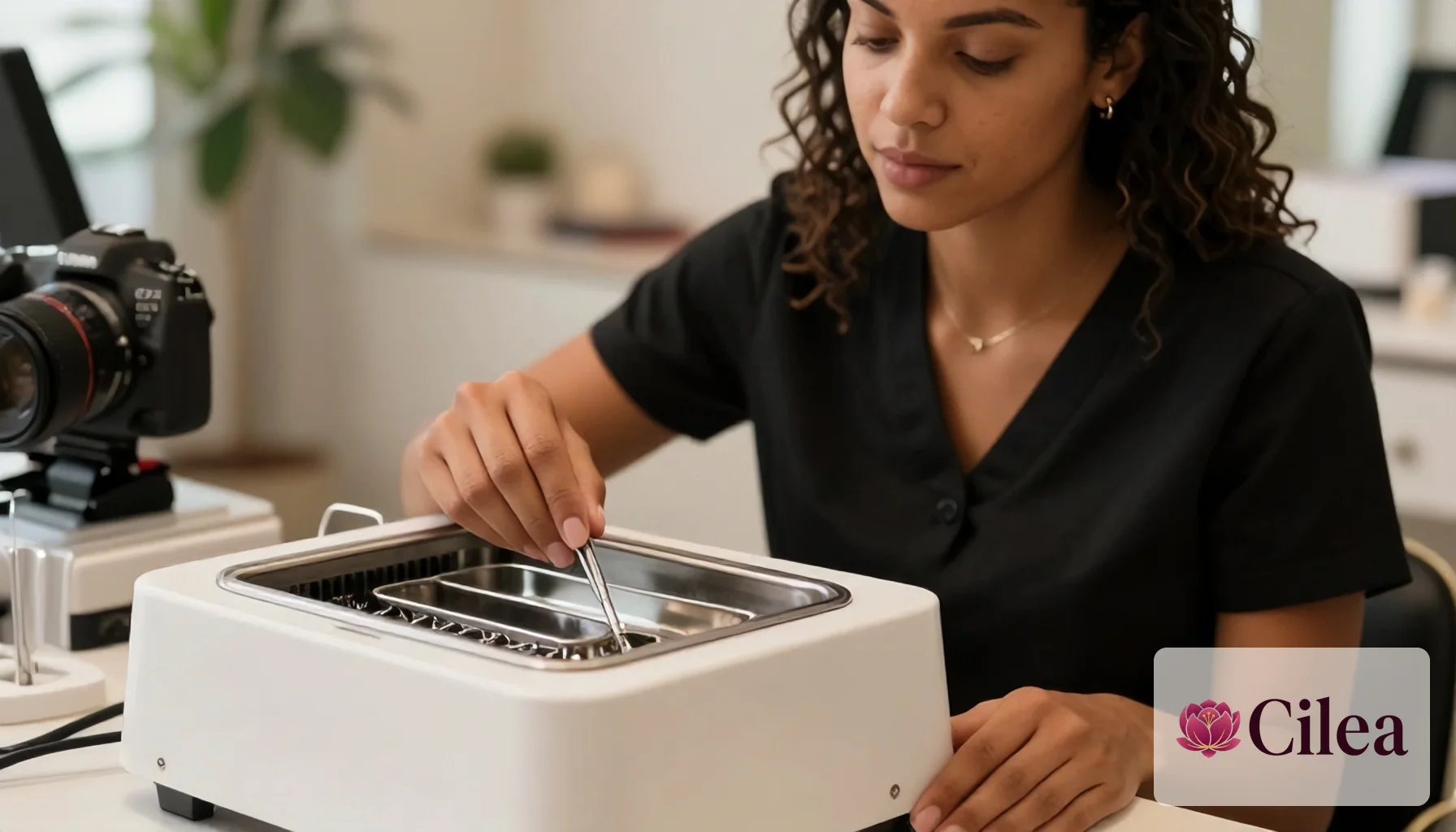 Profissional posicionando materiais em autoclave para esterilização em salão de beleza