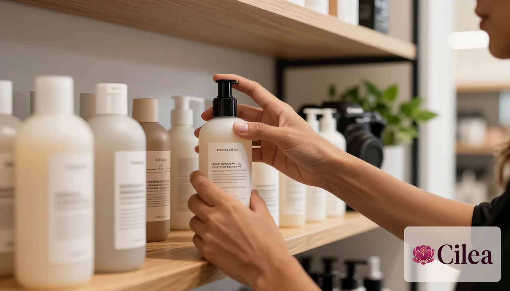 Profissional organizando produtos de estoque nas prateleiras de um salão de beleza