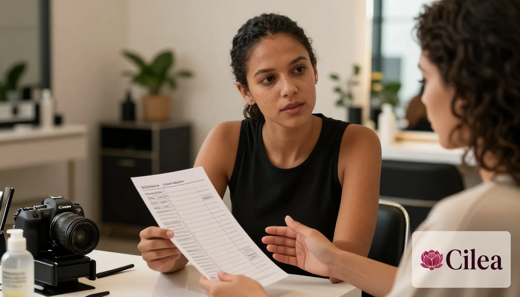 Profissional de salão conversando com cliente durante consulta sobre preços de serviços em um studio de beleza moderno