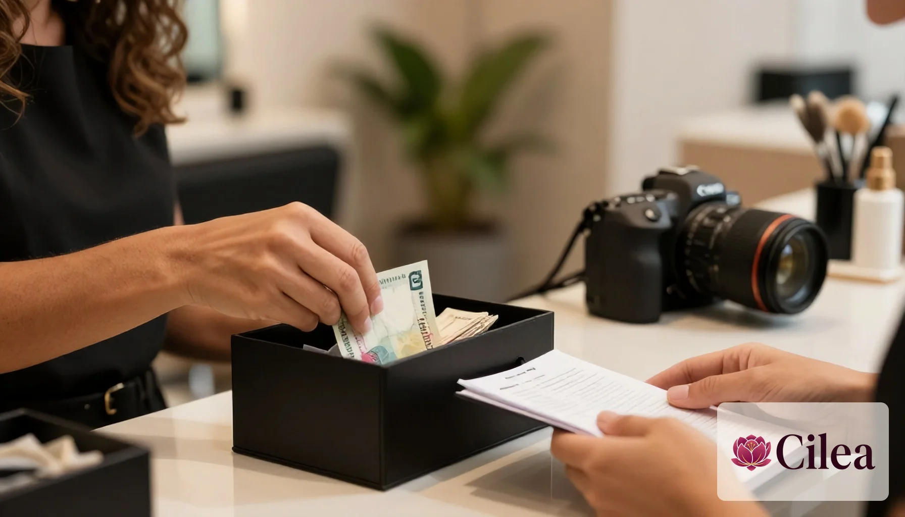 Dona de salão organizando recebimentos em dinheiro e cartão na recepção do studio