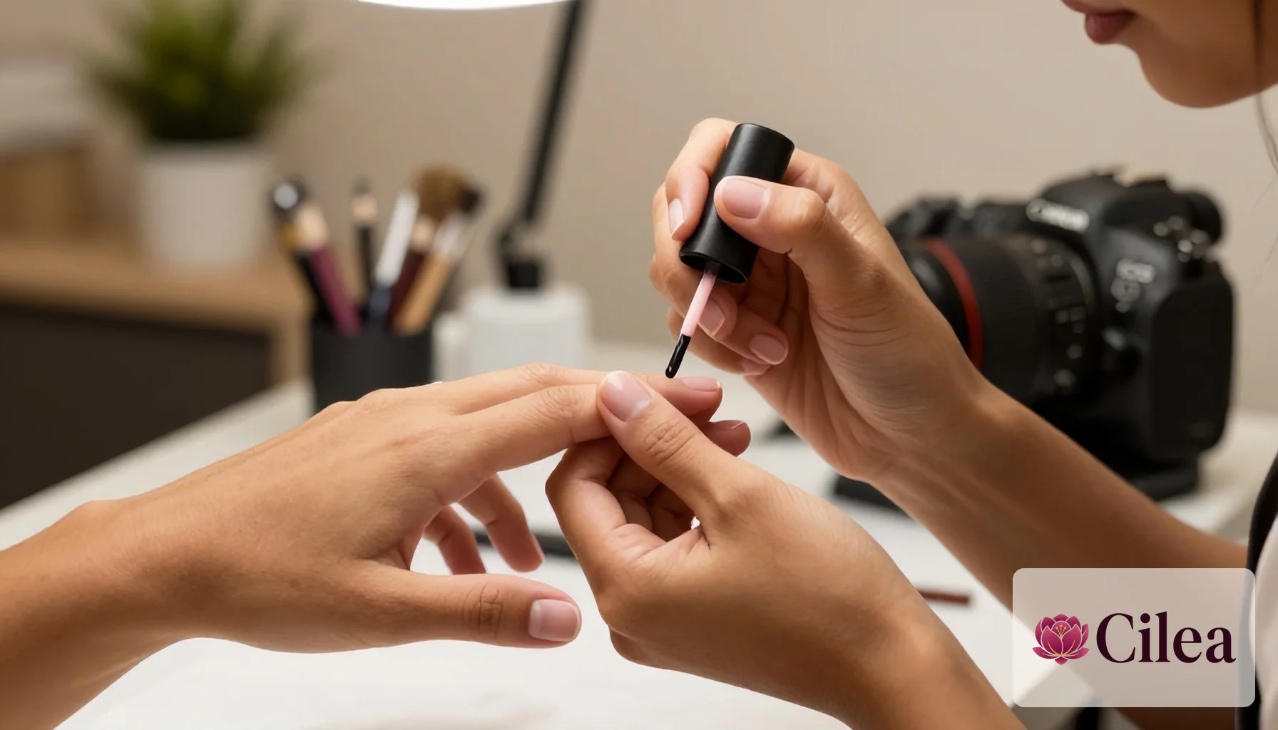 Profissional aplicando esmaltação em gel na cliente, ilustrando serviço precificado no salão