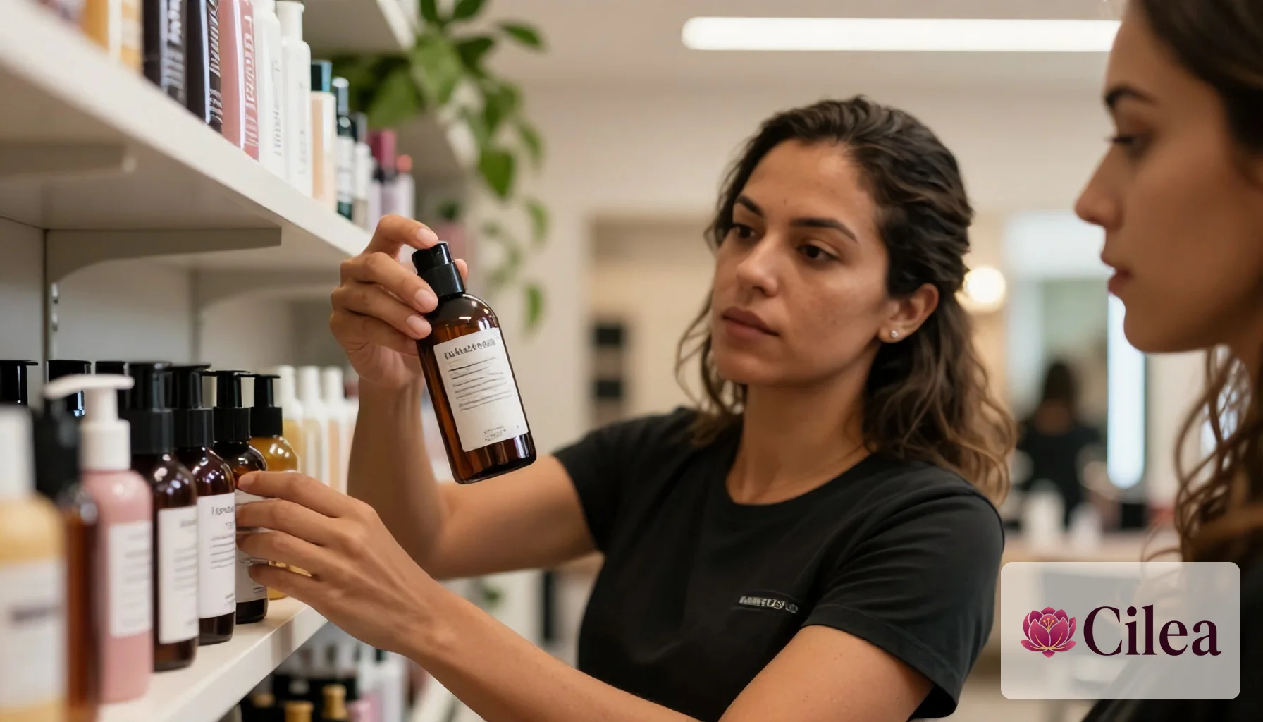 Profissional organizando produtos de beleza em prateleira de estoque com etiqueta de identificação