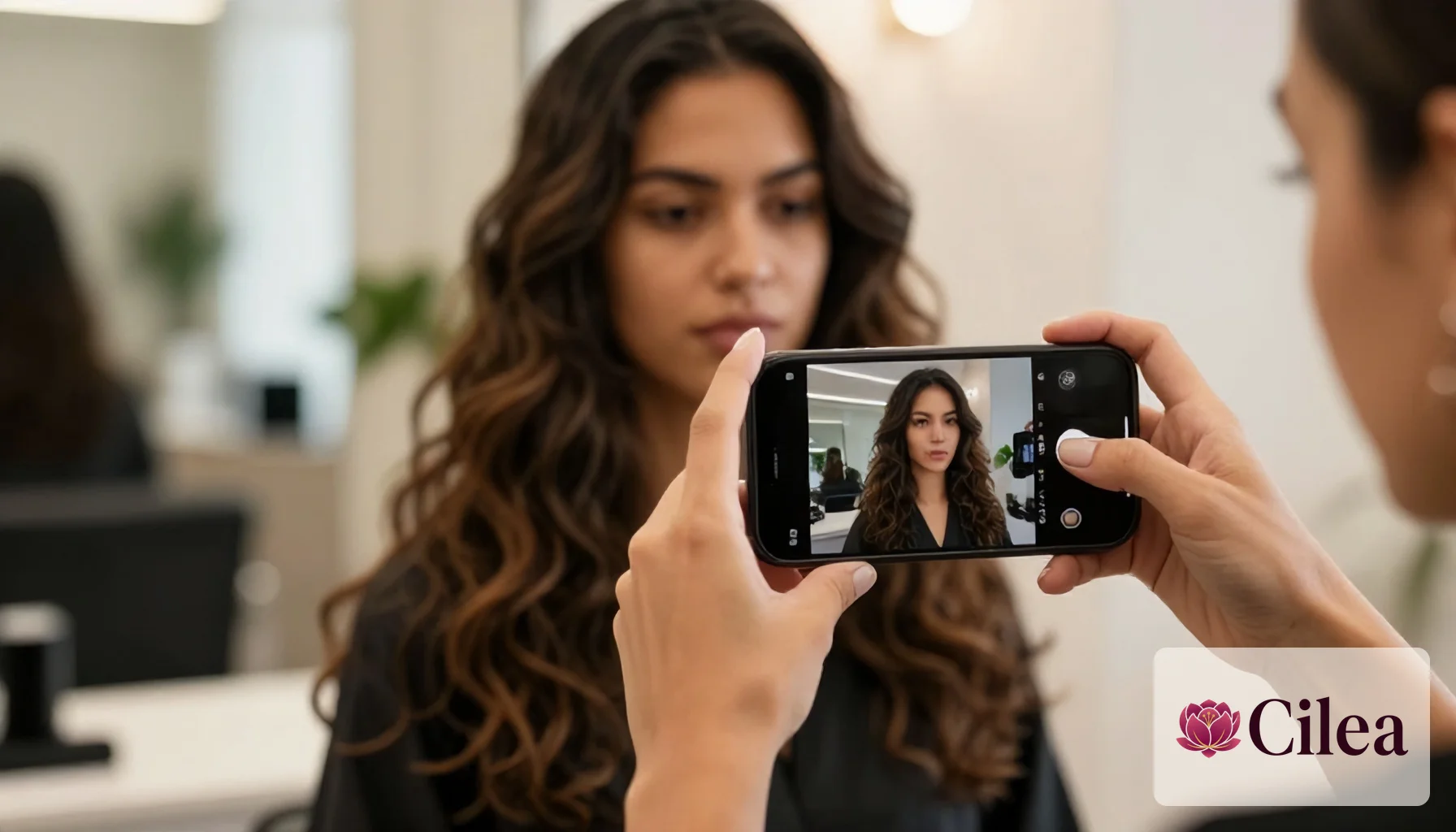 Profissional fotografando o resultado de um penteado para publicar nas redes sociais do salão