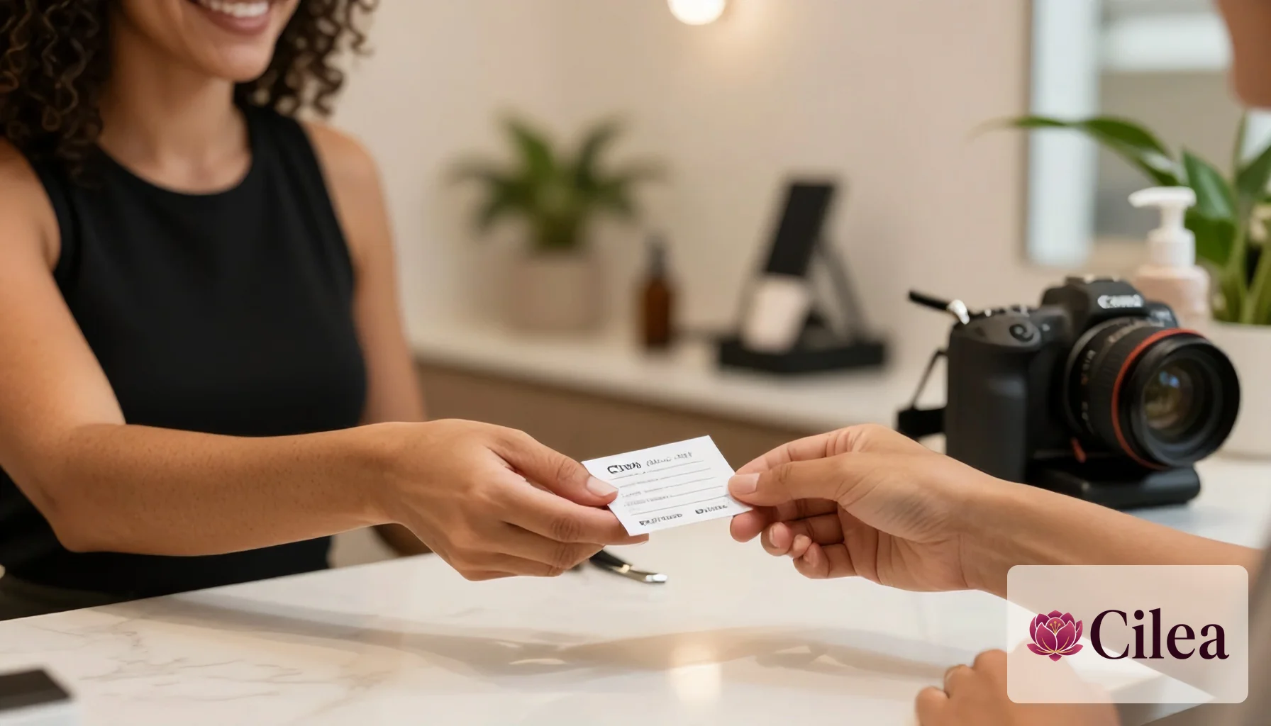 Dona de salão entregando cartão de fidelidade para uma cliente na recepção