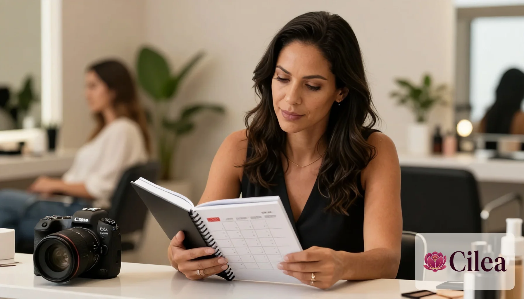 Dona de salão de beleza analisando agenda de atendimentos na recepção para acompanhar a rentabilidade do negócio