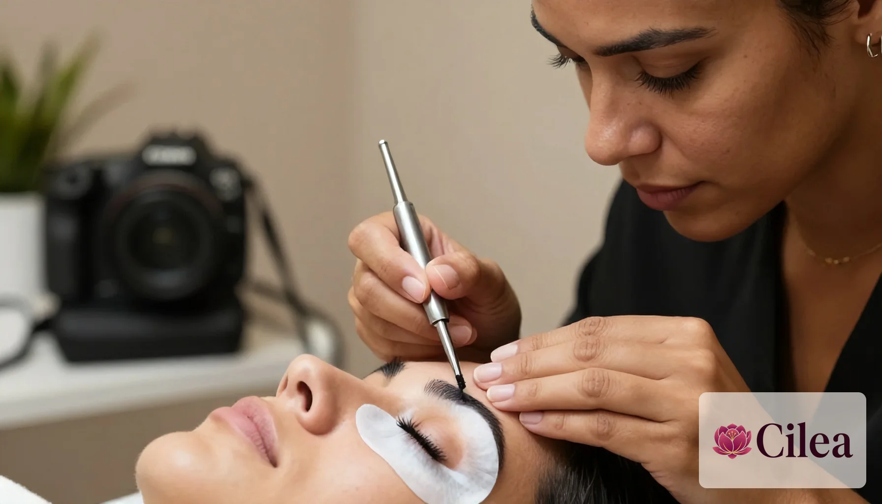 Profissional de cílios aplicando solução de lash lifting com escova de silicone nos cílios naturais de uma cliente deitada
