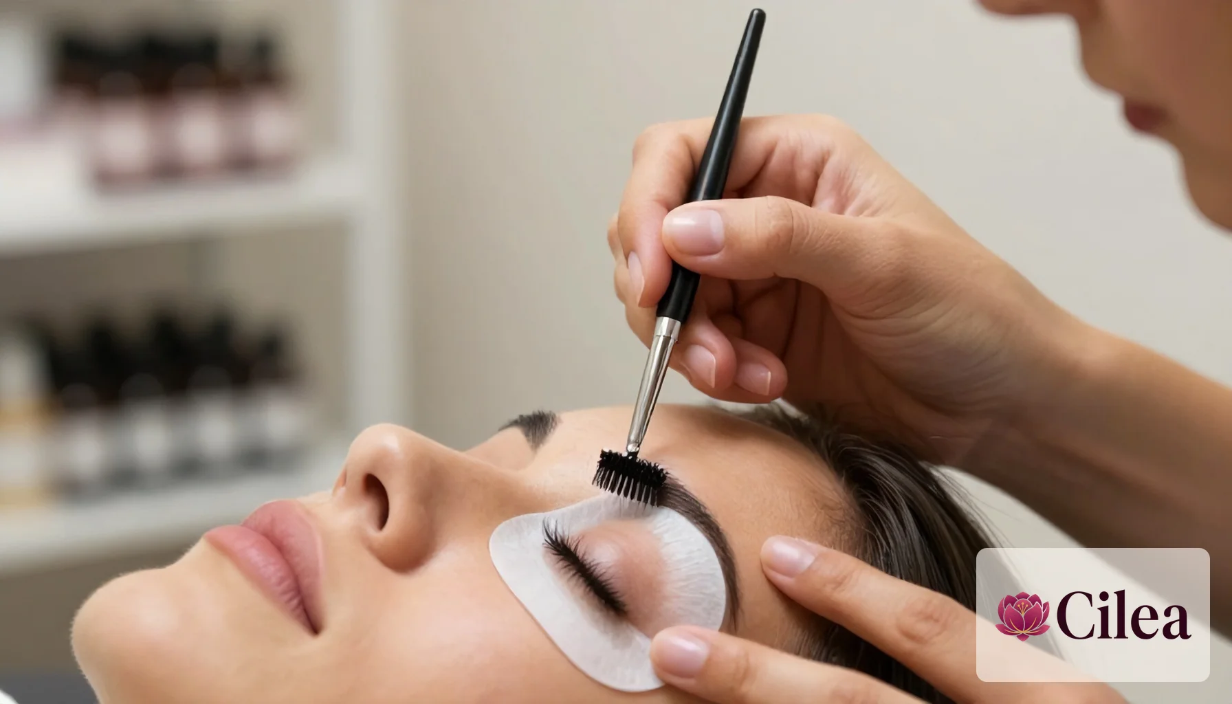 Profissional penteando os cílios naturais da cliente sobre o shield de silicone antes da aplicação da solução de lash lifting