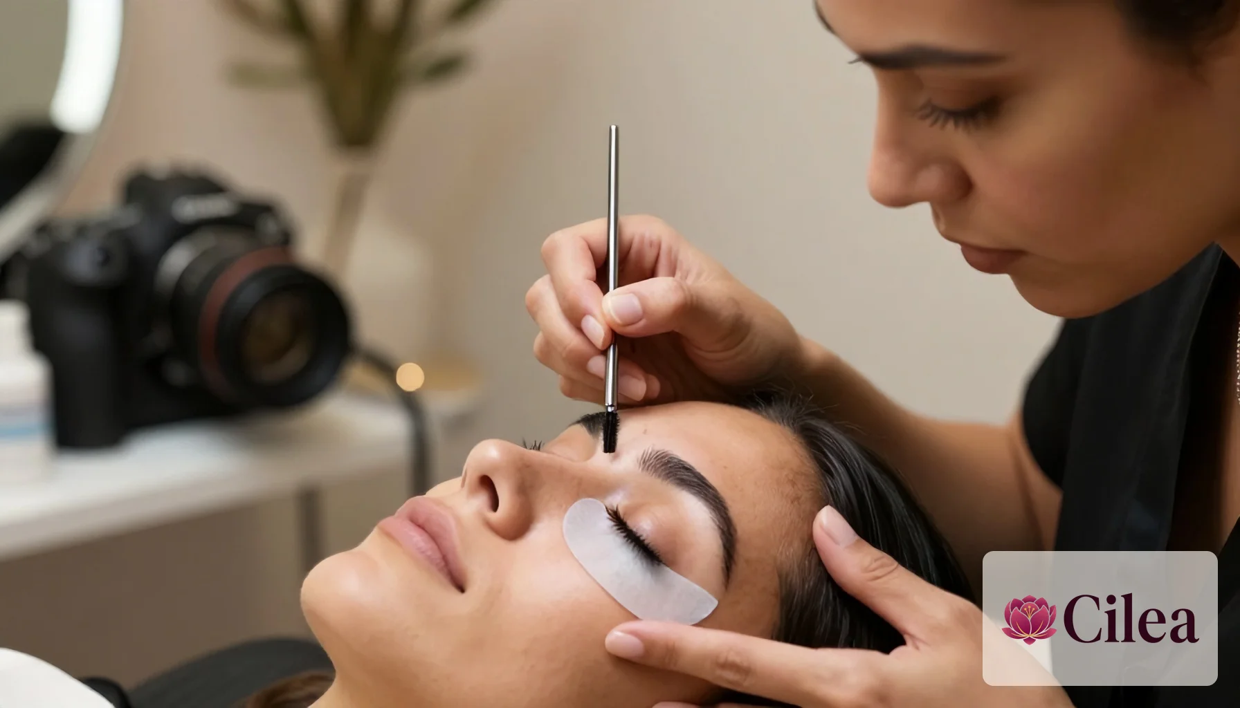 Profissional aplicando tintura de cílios com pincel micro após o processo de lash lifting