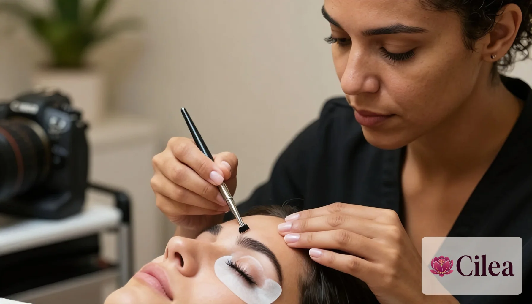 Profissional aplicando solução de lash lifting com micro brush sobre os cílios moldados no shield de silicone