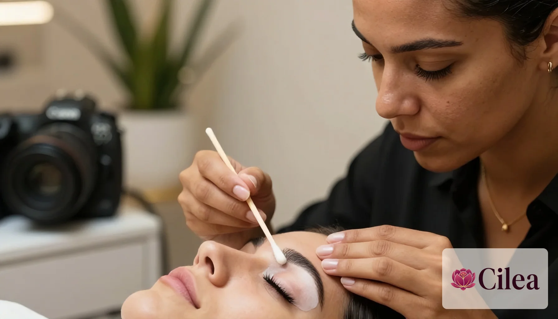 Profissional higienizando os cílios da cliente com haste de algodão antes de iniciar o lash lifting