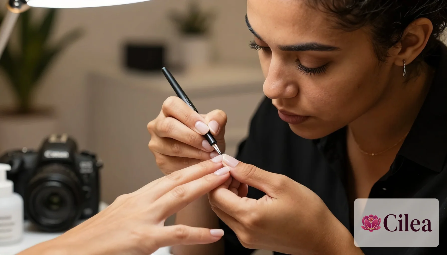 Nail designer modelando alongamento de unha em acrílico com forma descartável