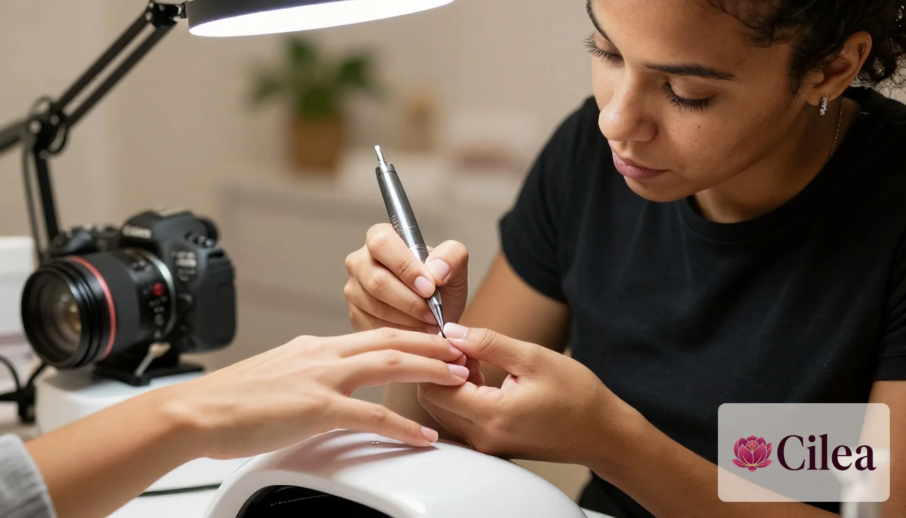 Profissional aplicando alongamento em gel com lâmpada UV em studio de unhas