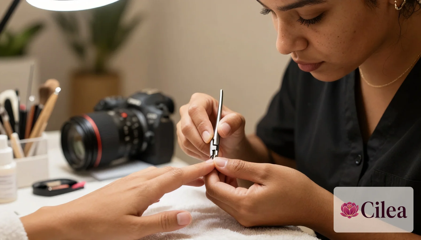 Nail designer fazendo cuidado de cutícula com alicate em cliente durante atendimento