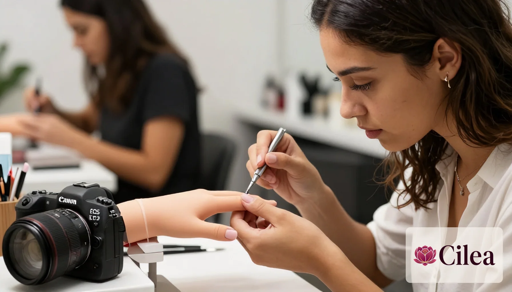 Estudante praticando técnica de cutícula em curso de nail designer