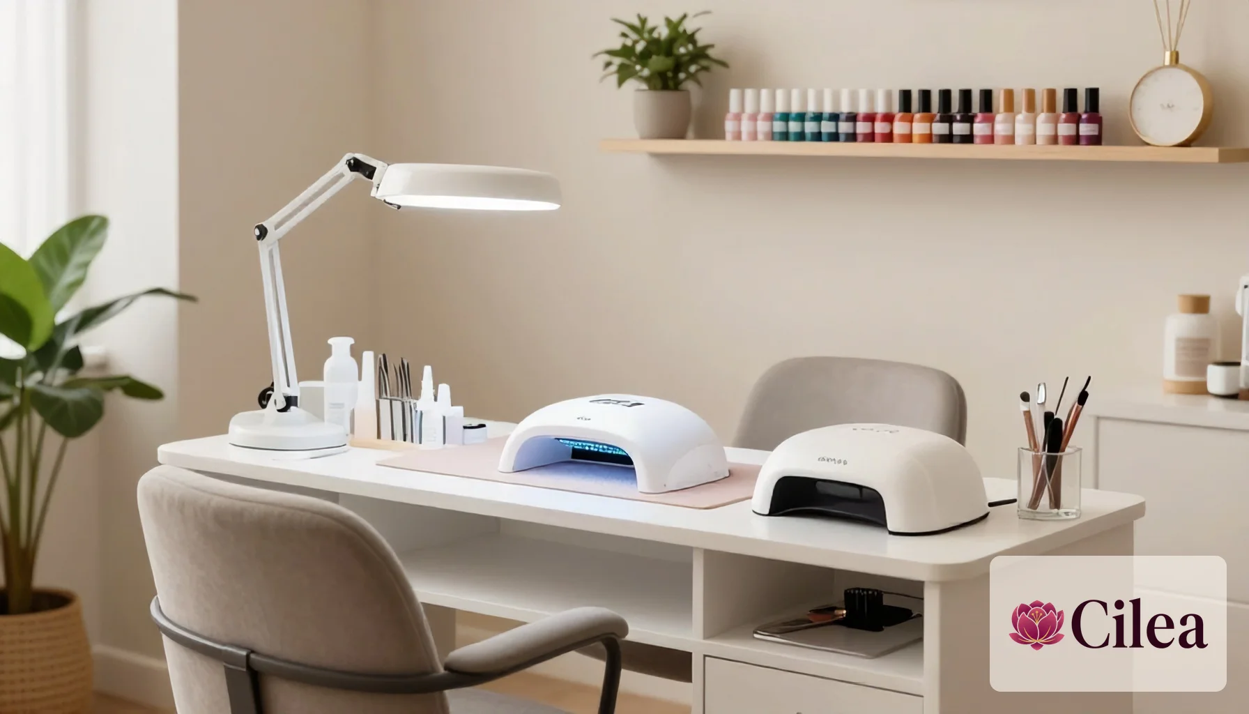 Estação de trabalho organizada em um nail design studio com poltronas e materiais de unhas
