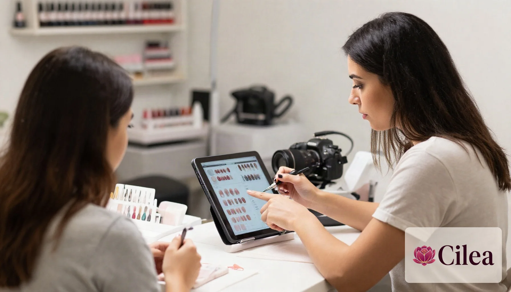 Nail designer mostrando portfólio de nail art em tablet para cliente em estúdio de unhas