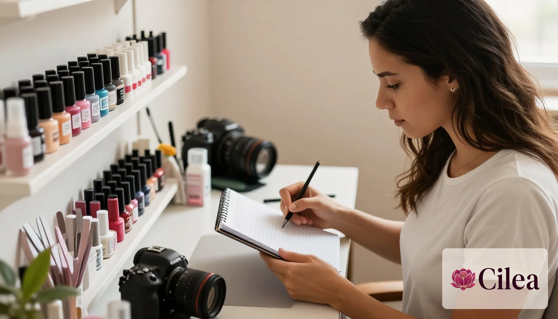 Profissional de unhas organizando materiais e esmaltes em um pequeno estúdio de home office