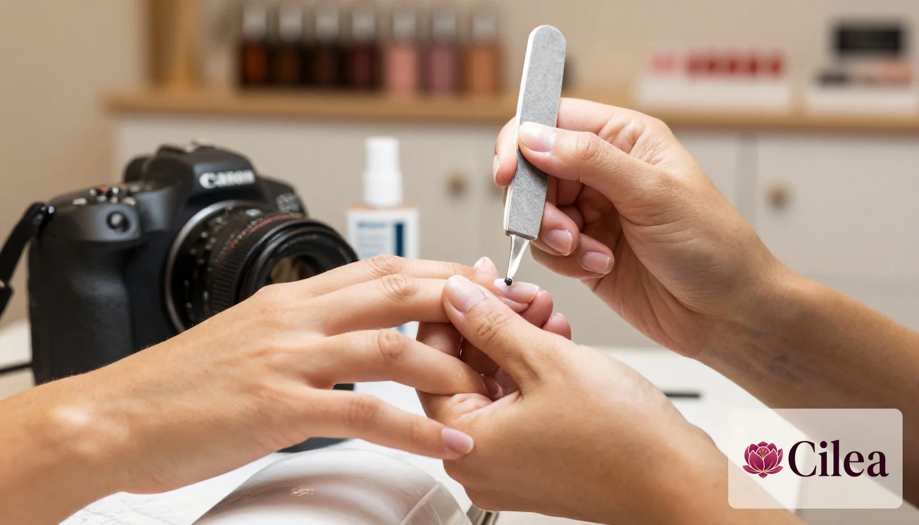 Nail designer aplicando alongamento em fibra de vidro na unha de uma cliente em estúdio de unhas