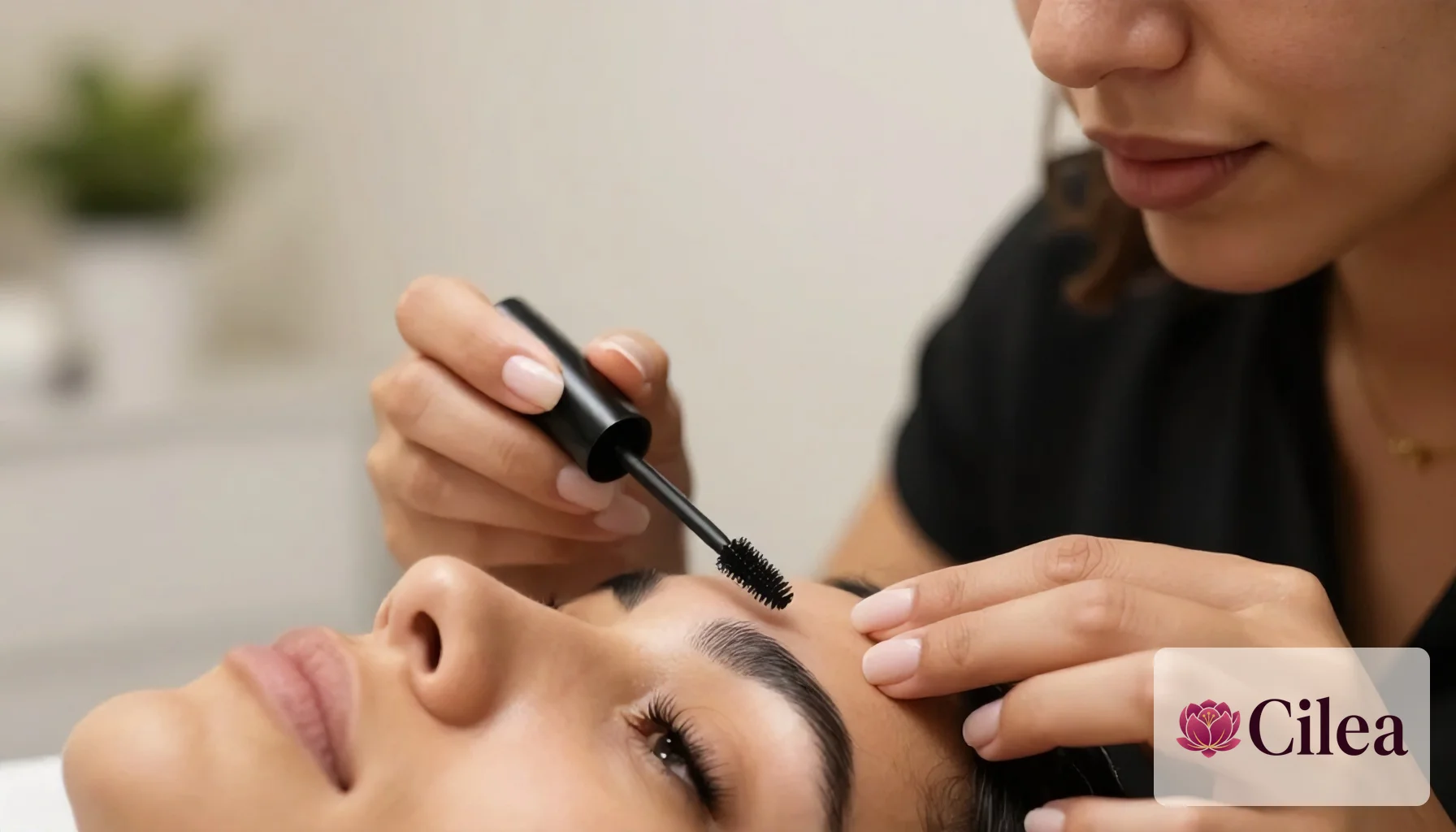Profissional avaliando espessura e curvatura dos cílios naturais de cliente antes do lash lifting