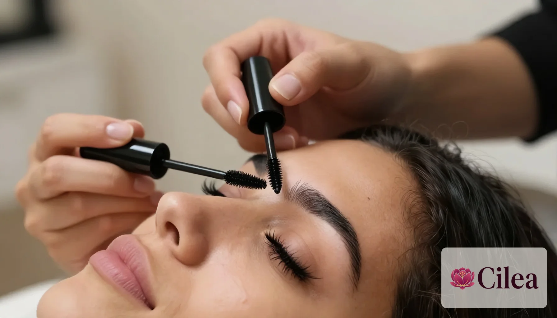 Profissional escovando cílios de cliente após lash lifting para demonstrar cuidados de manutenção