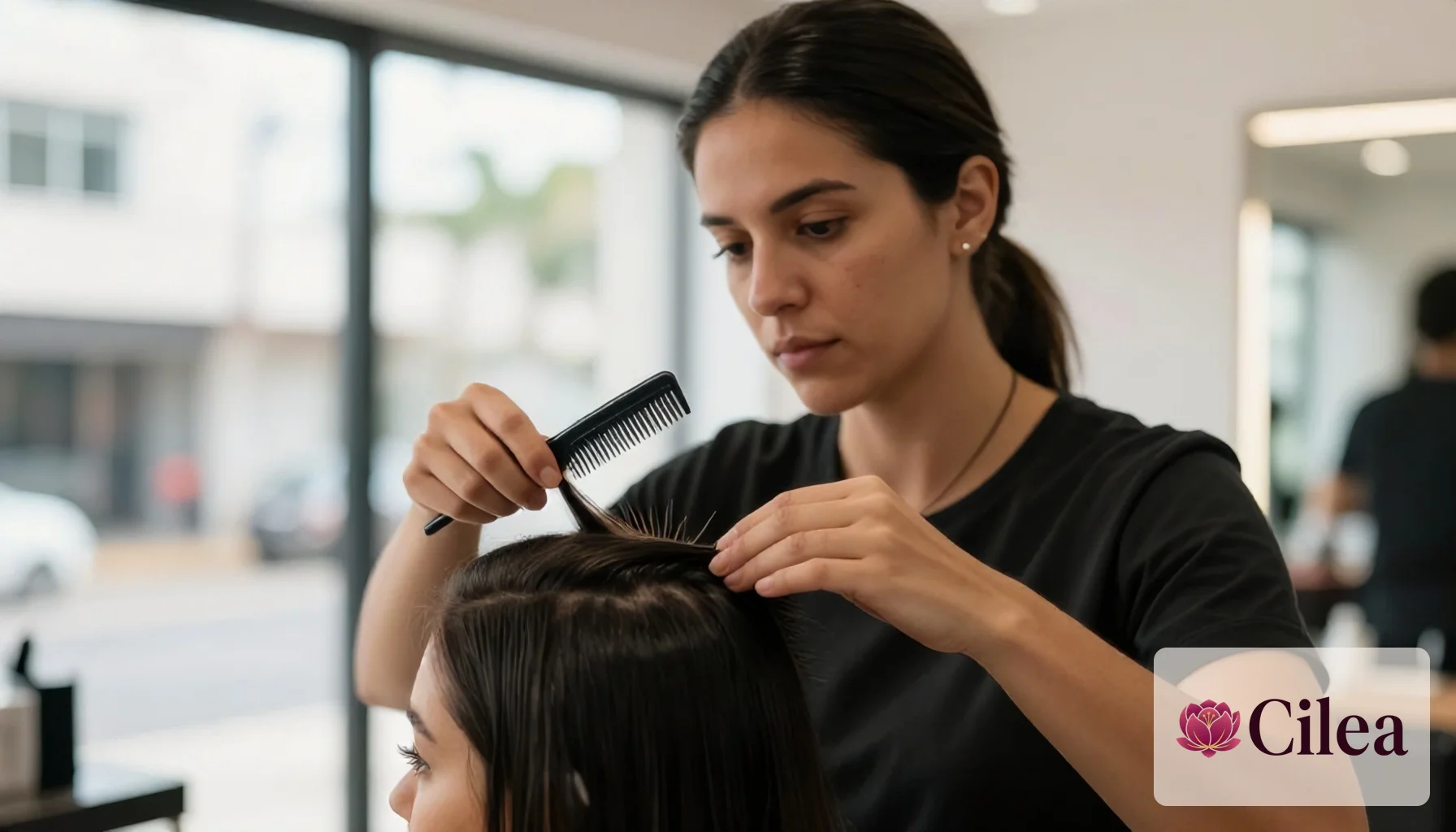 Profissional woman com pente preparando cabelo de cliente em salão de beleza durante atendimento