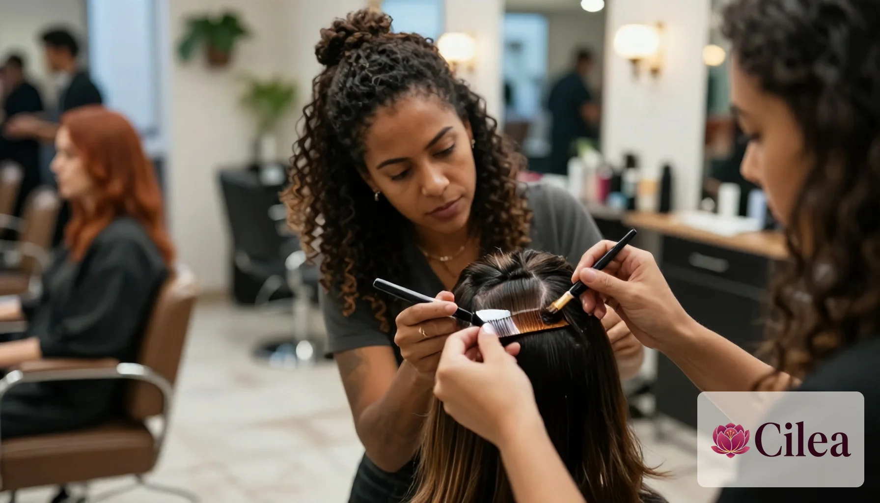 Profissional aplica química no cabelo de cliente em salão de beleza durante atendimento