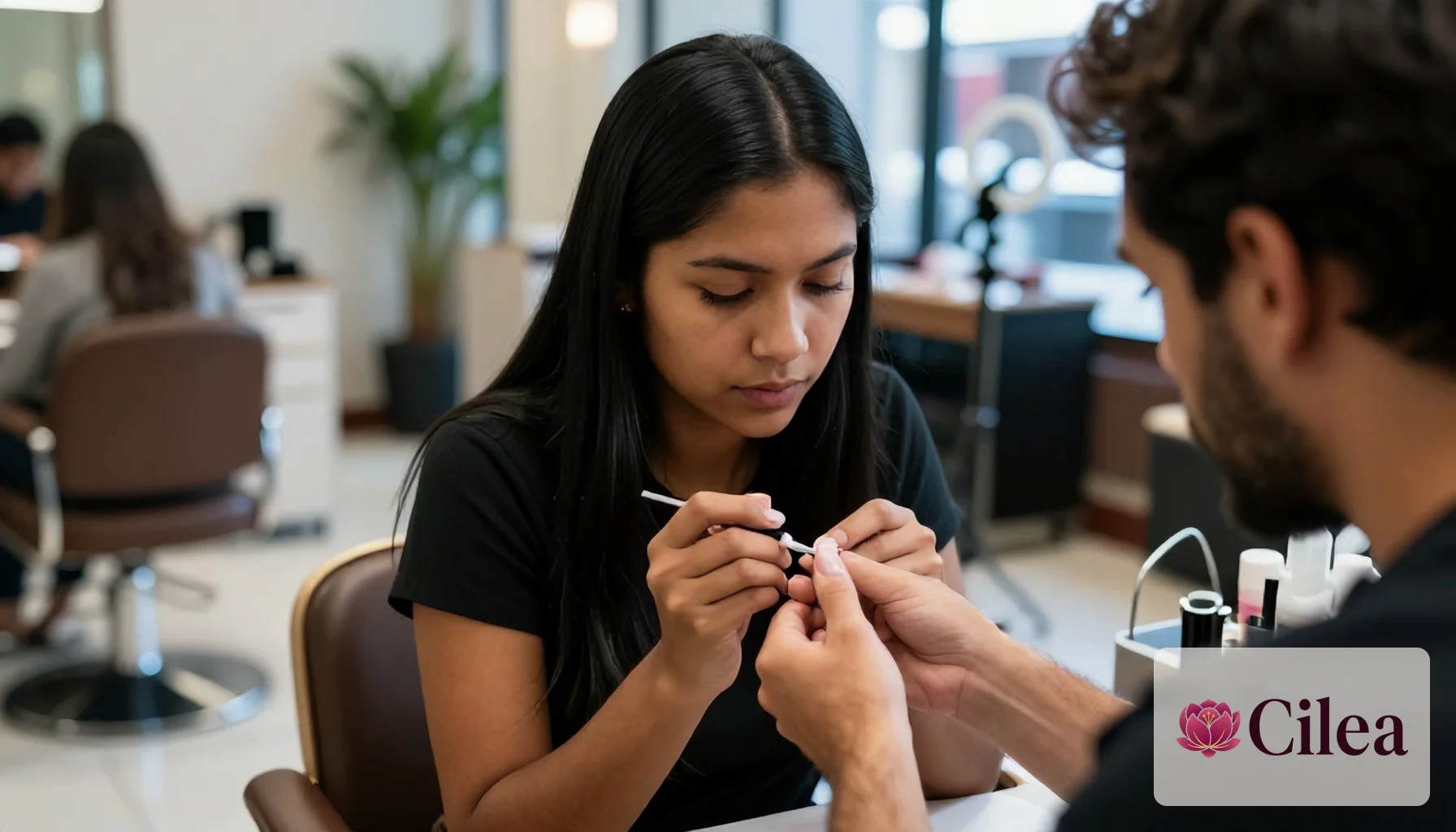 Manicure aplica esmalte nas unhas de cliente enquanto calcula comissão do serviço no salão de beleza
