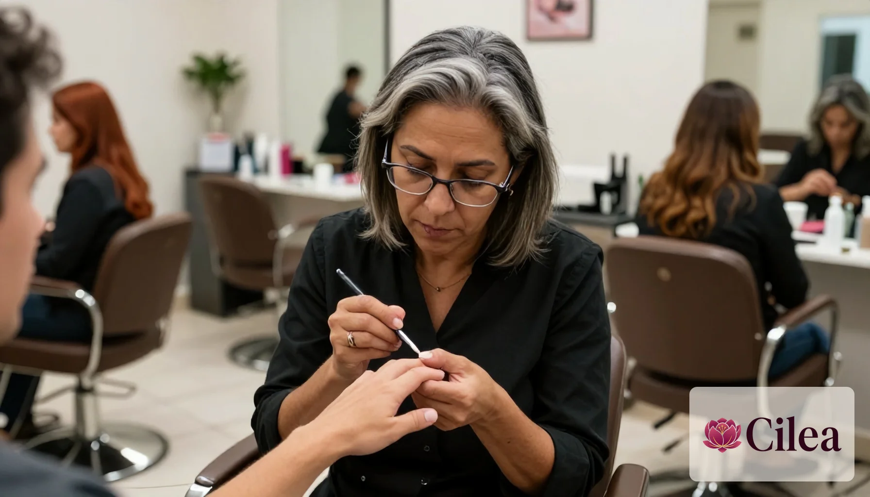 Manicure aplica tratamento nas unhas de cliente em salão, ilustrando como calcular a comissão do serviço