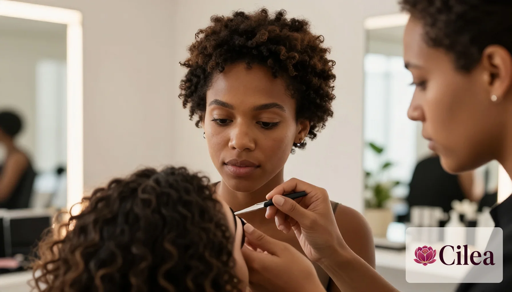 Profissional aplica maquiagem em cliente durante atendimento no salão de beleza focado em gestão e serviços.