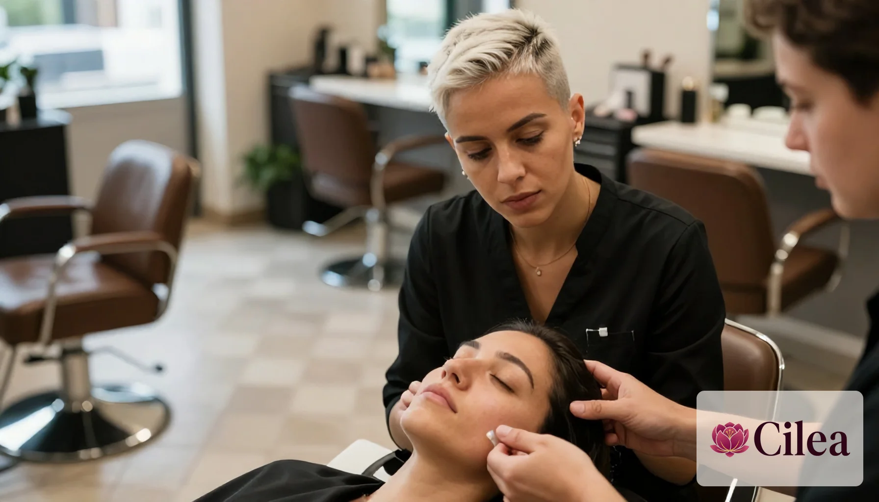 Profissional aplica procedimento facial em cliente relaxada no salão de beleza, destacando atenção e cuidado