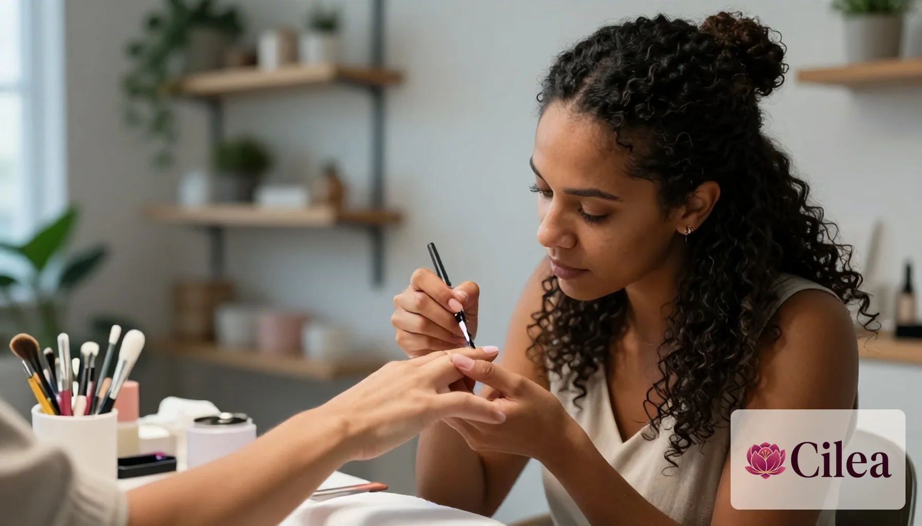 Manicure fazendo esmaltação detalhada nas unhas de uma cliente em salão de beleza com organização e foco