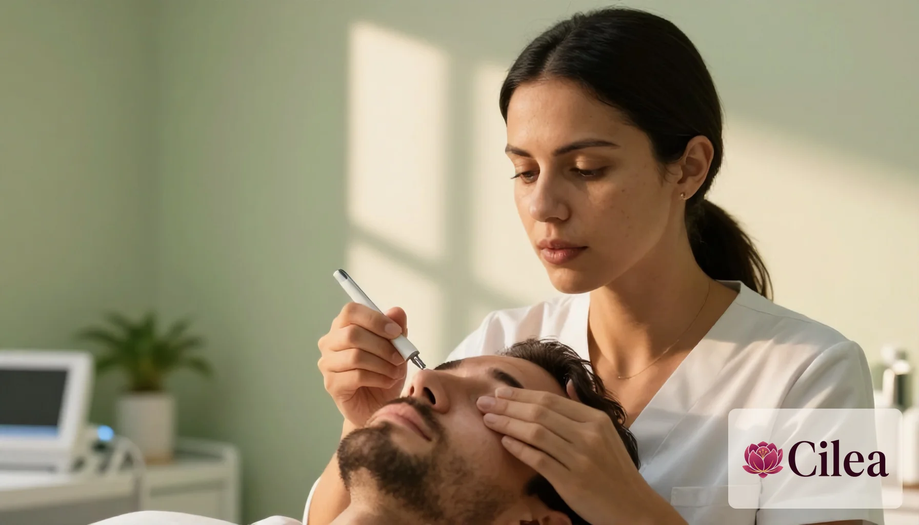 Profissional realiza procedimento facial em cliente masculino em ambiente de estética para salões de beleza