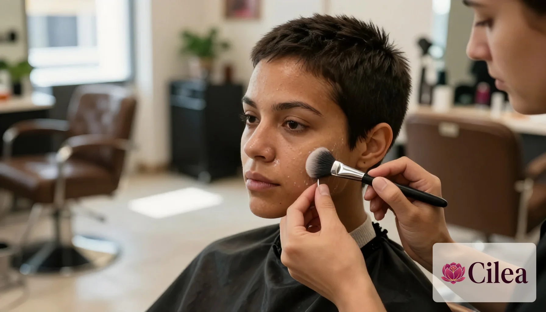Profissional aplica maquiagem em cliente para procedimentos de estética facial no salão de beleza