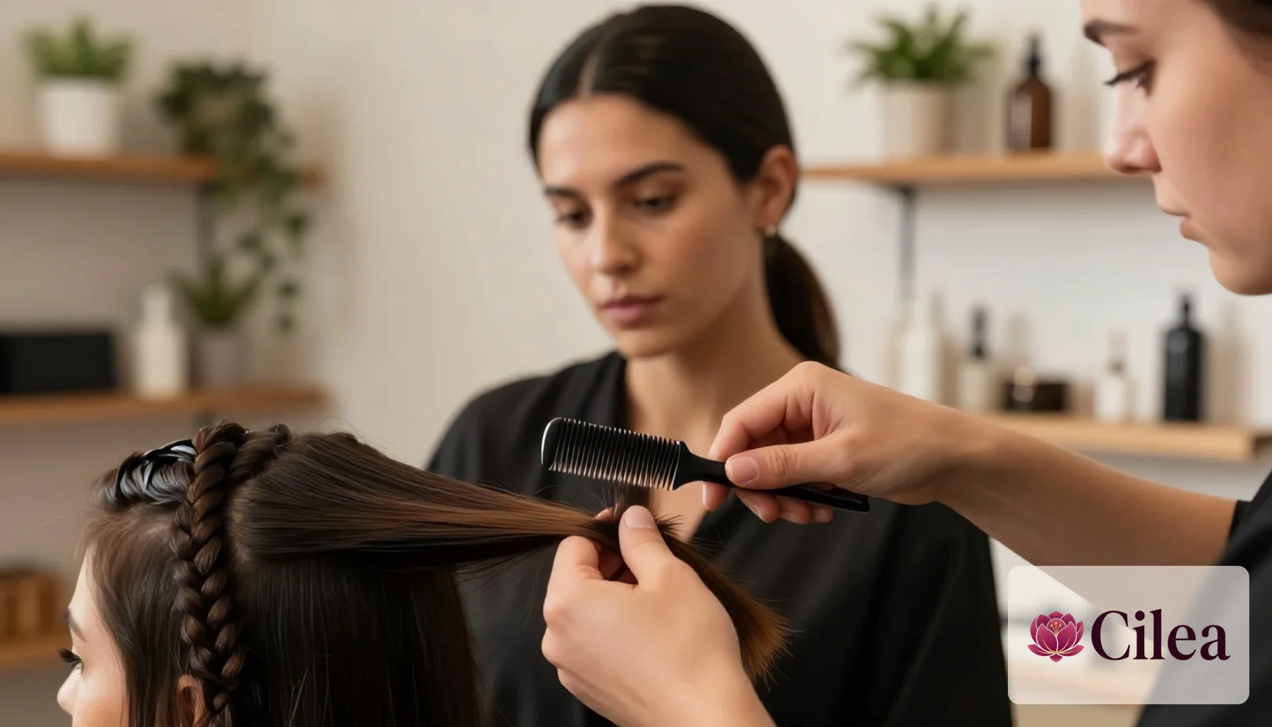 Profissional foca no corte e penteado dos cabelos de cliente em salão de beleza, preparando atendimento personalizado.