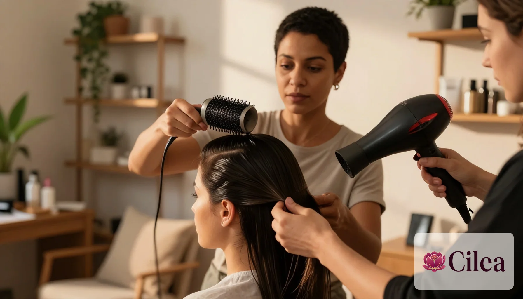 Duas profissionais atendem cliente no salão, fazendo escova no cabelo como parte da precificação dos serviços