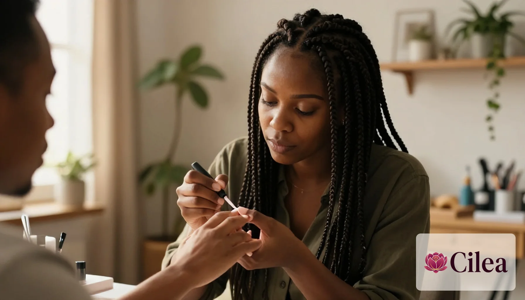 Mulher aplica esmalte nas unhas de cliente; essencial para saber quanto cobrar no salão de beleza.