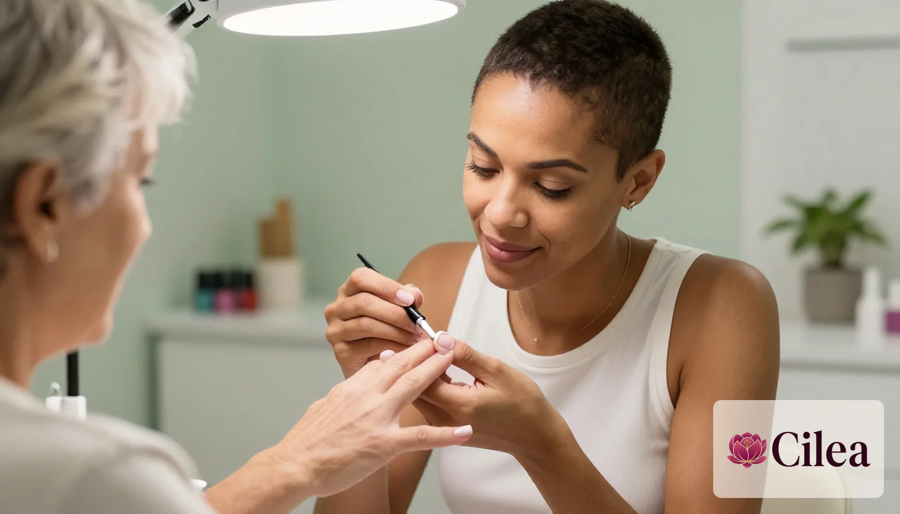 Profissional aplica esmalte durante serviço de manicure em salão de beleza, valorizando o cuidado com as unhas